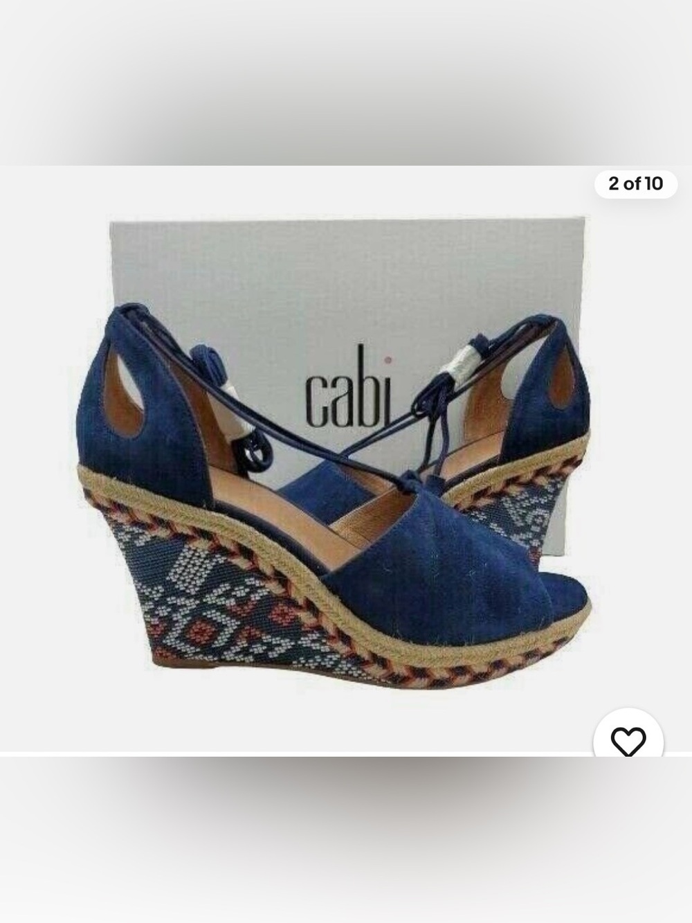 Cabi Navy Suede Espadrille Wedge Sandal w Patterned Heel & Ankle Ties w Tassels